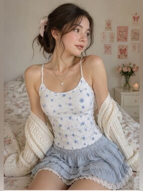 NWT Hippie Rose Ivory Blue Floral Ribbed Strappy Cami Tank Top Medium